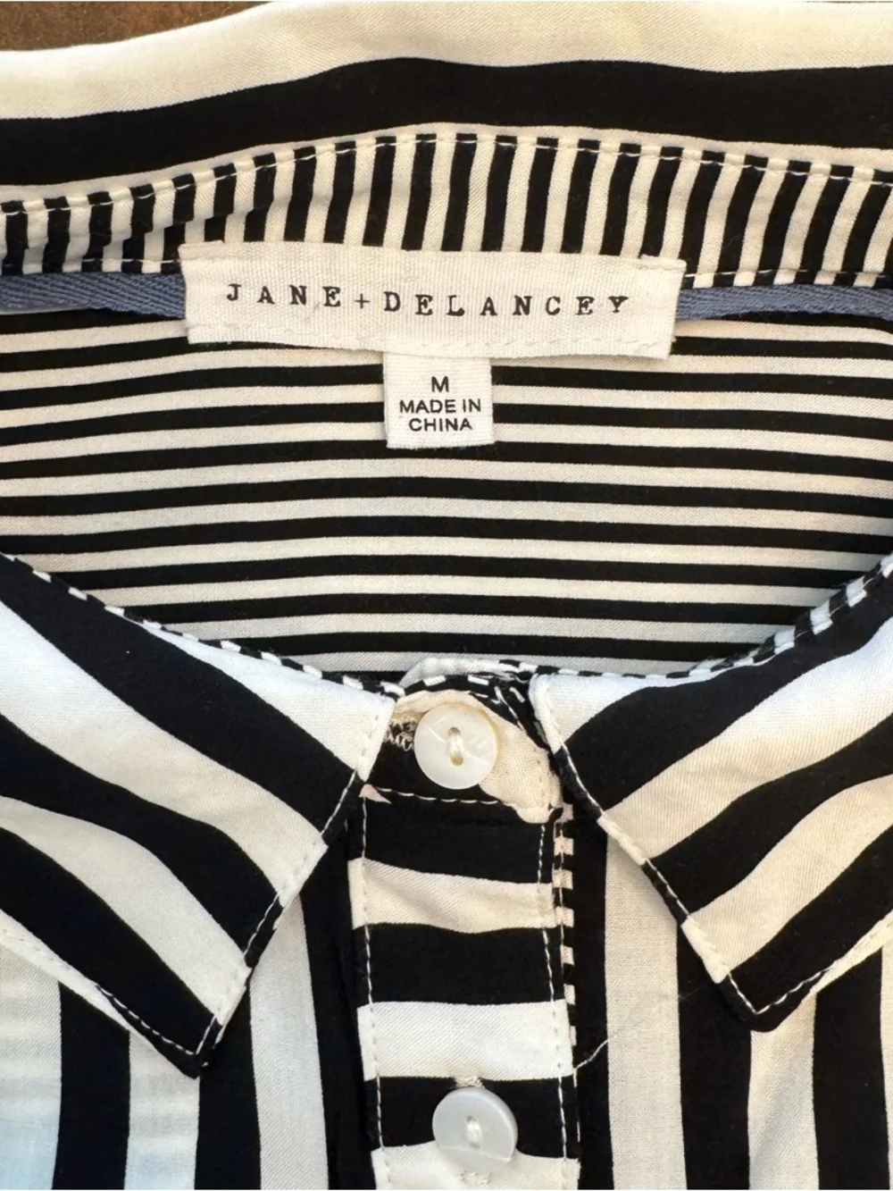 Jane and Delancey Black and White Vertical Stripe Button-Down Top - Picture 2 of 9